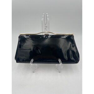 Vintage Black Patent Leather Clutch Purse With Gold Tone Frame & Red Lining